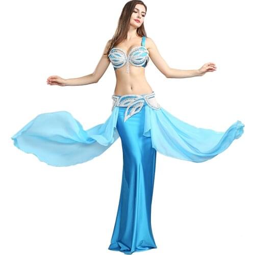 Sexy Belly dance costume Professional Belly dance Wear shine rhinestone blue belly dance set Performance dancing BRA Belt Skirt