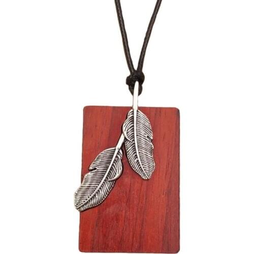 Rosewood Pendant Long Necklace Alloy Feather Inlay Wooden Vintage Metal Adjustable Waxed Rope Female Birthday Gift AI002