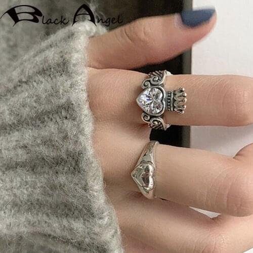BLACK ANGEL Vintage Punk Love Heart Rings for Women Fashion 925 Sterling Silver Crown Angel Wings Rock Party CZ Jewelry Gifts