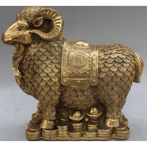 12"Marked Chinese Bronze Brass Fengshui Animal Wealth Money Sheep YuanBao Statue
