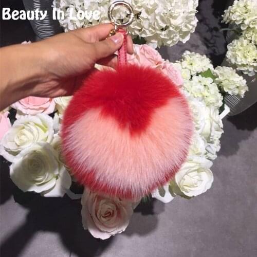 15CM Big Fluffy Real Fox Fur Bag Bugs Pom Pom Keychains Handmade Sweet Heart Metal Key chain Bag Charm Monster Pompoms F112