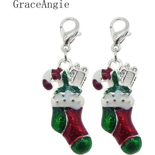 6pcs New Year Christmas DIY Gift Socks Green Red Alloy Enamel Charms With Lobster Clasp For Keychain Necklace Gift