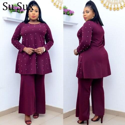 Beading Two Pieces Set Women Tracksuit Wide Leg Pants Suit Solid Outfits O Neck Long Sleeve Top and Long Pants Suit Vestidos