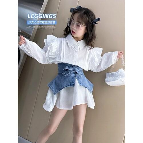 Girl denim patchwork dress 2021 autumn new long sleeve fashion ruffles dress childrren cotton shirts kids clothes