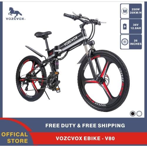 VOZCVOX Electric Bike For Adult 250W Ebike 26 Inch Mountain Bike Folding Bicycle with LED Headlight Full Suspension
