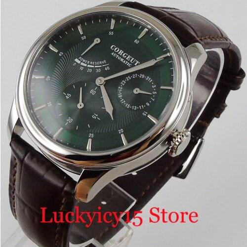 CORGEUT Classic Green Dial Male Wristwatch Power Reserve Date Function Leather Strap Seeing Through Backcover