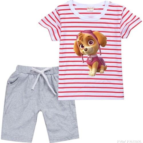 New PAW PATROL Foreign trade cartoon boys and girls wear striped short sleeve T - shirt + trouser suit