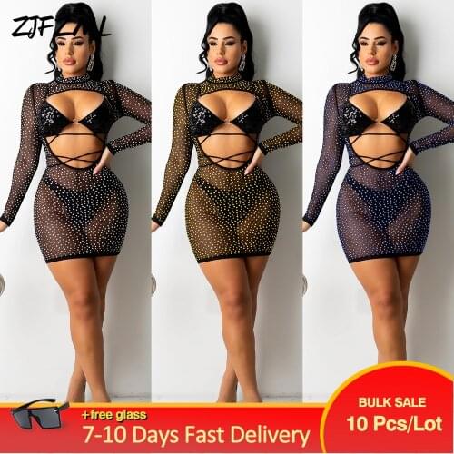 Bulk Items Wholesale Lots Womens Clothing Sequin Slim Fit Bra Top+mesh Rhinestone Perspective Dress Hollow Out Suit No Brief