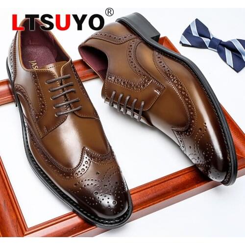 Mens brogue leather casual shoes, fashion carved professional mens shoes, high-end classic formal shoes,handmade banquet shoes