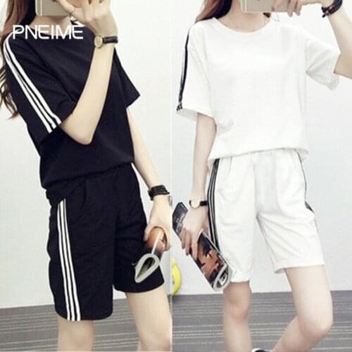 PNEIME New Womens Sports Suit Womens Solid Color Loose Large Size Short-sleeved Shorts Running Wear Casual Wear Two-piece Suit