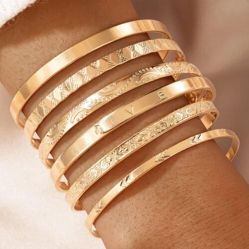 Tocona 6pcs/sets Gold Color Alloy Metal Open Bangle for Women2021 New Trendy Letter Carving Party Jewelry Accessories 17393