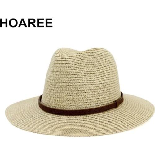 HOAREE Panama Hats Womens Summer Sun Hat Female Sombrero Beige Straw Belt Decorate 2021 New Fashion Brand Trilby