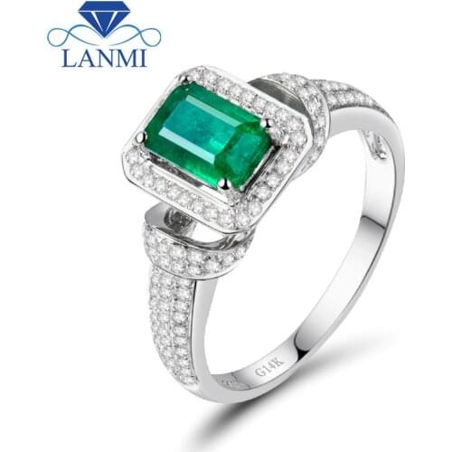 Promotion! Solid 14k White Gold 1.25ct Natural Columbian Emerald Wedding Ring Real Diamond Gemstone Engagement Jewelry