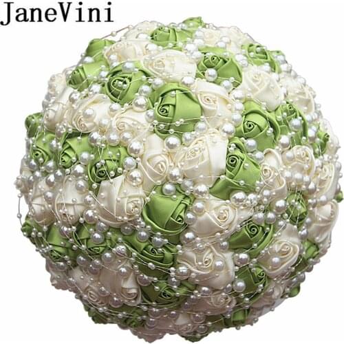 JaneVini Luxury Pearls Wedding Bouquet Blue White Bridal Bouquet Ivory Satin Rose Brooch Flowers Handmade Ramo Novia Para Lanzar