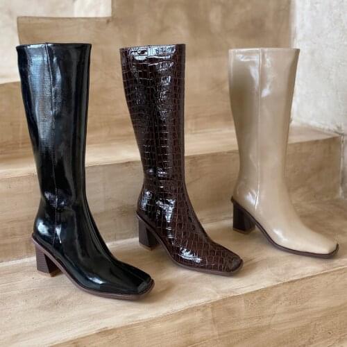 New winter Mid-Calf boots Genuine leather Women boots knight Motorcycle boots Square head warm cowhide western snow boots Women