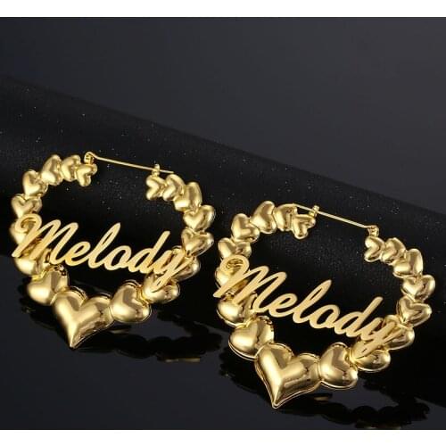 Custom Fashion Stainless steel Gold Love Bamboo Hoop Earrings for Women Customized Personalized Name Earrings Statement Jewelry