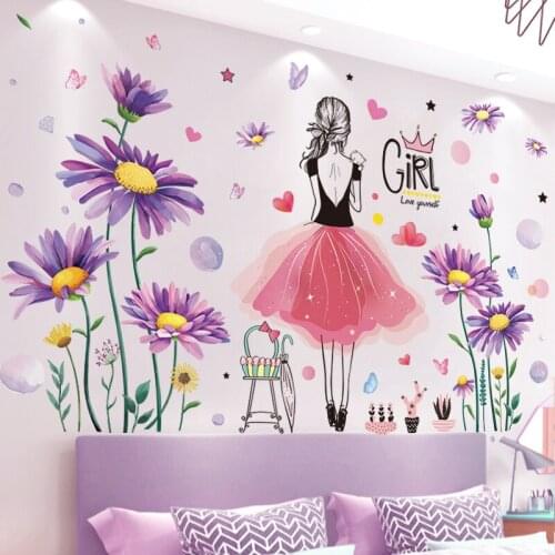 [shijuekongjian] Cartoon Girl Wall Stickers DIY Flower Plants Mural Decals for Living Room Kids Bedroom Kitchen House Decoration