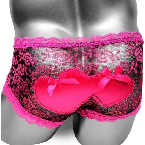Mesh Wetlook See Through Sissy Men Boxer Panties Sexy Lingerie Underwear Lace Ruffles Heart Back High Quality Male Shorts Boxers