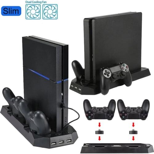 Vertical Stand with Cooling Fan Dual Controllers Charging Stand Charger Charging Station 3 USB HUB Charger Ports for PS4 Slim