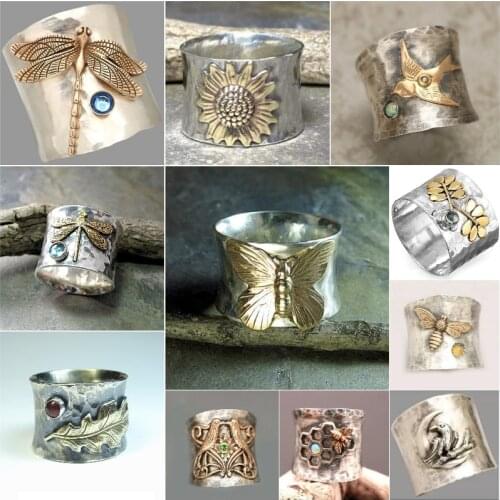 Vintage Two Tone Relief Magpie And Flower Wide Ring Green CZ Stone Rings for Men Women Punk Gothic Party Retro Jewelry N3M950