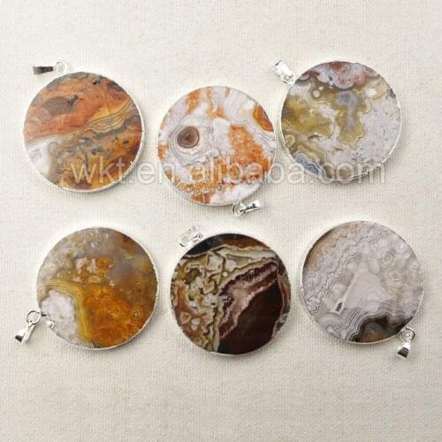 WT-P1045 5pcs/lot Big Round Stone 40mm Mexican At gate Stone Round Shape natural stone round Pendant Wholesale
