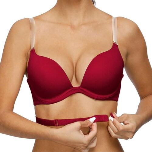 YBCG Red Bra Padded Push Up Bras for Women Low Back Cut Underwear Multiway Clear Straps Bralette Plunge Brassiere Adjustable