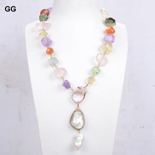 GG Jewelry Natural Multi-Color Citrines Rose Quartzs Amethysts Prehnites Necklace White Keshi Pearl Pendant For Women Lady Gift