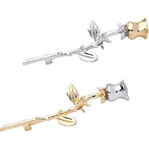 New Long Needle Rose Flower Brooch Pin Metal Leaves Lapel Pins Coat Scarf Buckle Badge Brooches for Women Accessories Gifts