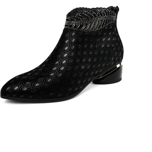 2020 Women Ankle Boots Sheepskin Leather Winter Short Blue Color Round Toe High Heels Female Riding Boots Size 34-42