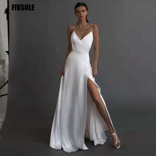 Fivsole A-line Satin Wedding Dress 2021 Vestidos De Novia Sexy V-neck Split Robe De Mariée With Spaghetti Straps Bridal Gowns