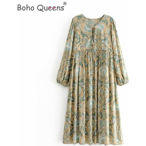 Boho Queens Women green floral print tie neck beach Bohemian Maxi dress Ladies tie neck long sleeve dress vestidos