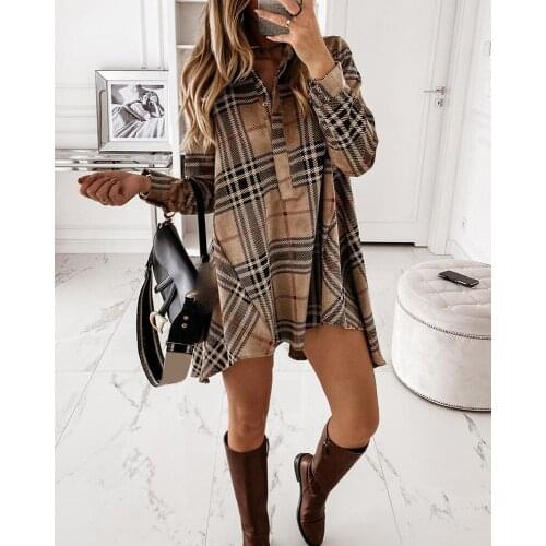 2020 Women Spring Autumn Elegant Plaid Long Sleeve Casual Shirt Dress Turn-down Collar Mini Casual Dress Colorblock