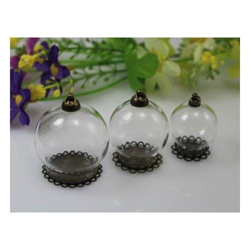 5PCS 25/30/35MM Glass Globe with Double Lace Pendant Base &Top Round Cap Hollow Glass Globe Necklace Pendants