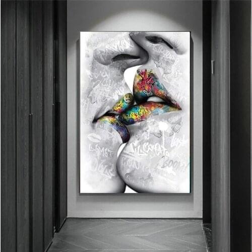 Abstract Street Graffiti Art Lover Kissing Canvas Paintings Sculpture Posters and Print Creative Wall Art Picture for Home Decor