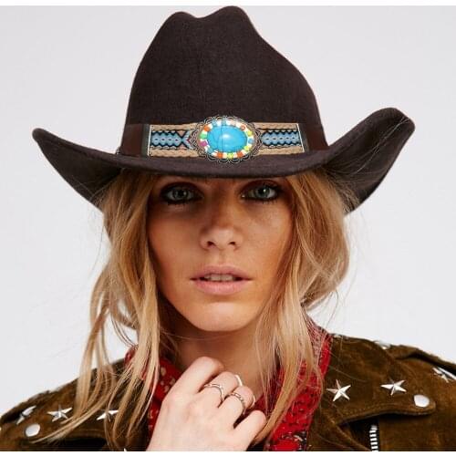 Turquoise Bead Knitted Leather Band Wool Felt Wide Brim Cowboy Western Hat Cowgirl Bowler Sombrero Cap (Choose Size 54-61cm)