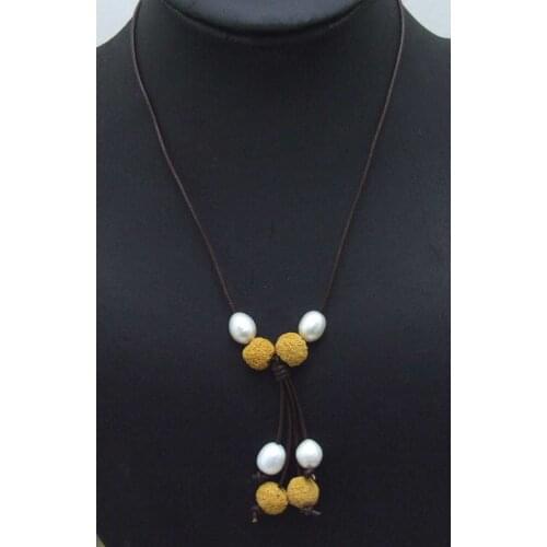 SALE Big 10-11mm White Rice Natural Freshwater Pearl with yellow lava beads 18" Genuine Leather Necklace-5913