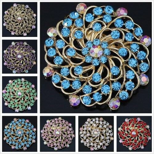 High quality 8 colors flower newly brooch rhinestone crystal gold-color big round pins wedding women jewelry B1224