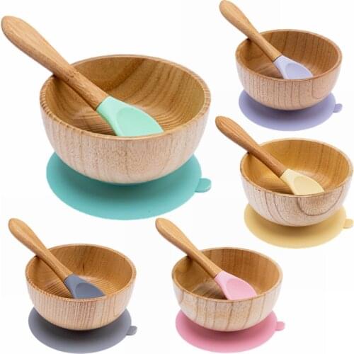 Baby Feeding Bowl Set Baby Dinner Plate BPA Free Wooden Kids Feeding Dinnerware With Silicone Suction Cup Wooden Fork Spoon Set