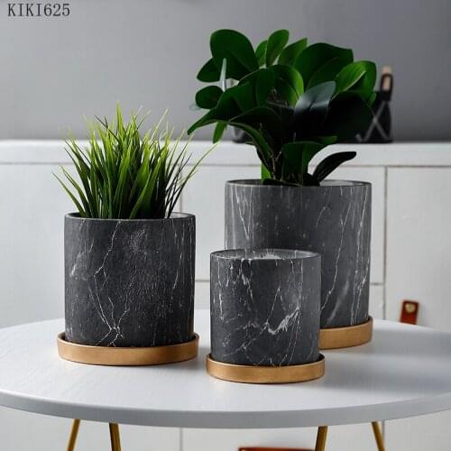 European Style Marbled Cylindrical Ceramic Flowerpot with Golden Tray Household Succulents Potted Gardening Garden Decoration
