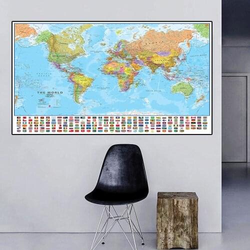 225*150cm The World Political Map with Flags Non-woven Canvas Painting Large Poster Living Room Home Decoration School Supplies