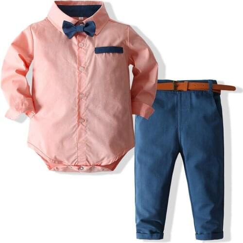 Kimocat Baby Boy Gentleman Suit Spring Long-Sleeved Jumpsuit + Bow Tie + Trousers + Belt 4-Piece Set, Baby Fashion Clothes 0-3Y