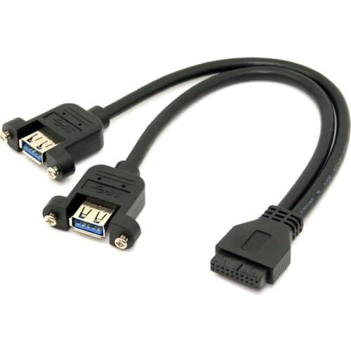 Motherboard 20pin Header cable Black to USB 3.0 Dual Ports A Female Screw Mount Type