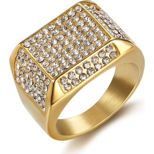 Hip Hop Iced Out Bling Gold Color Stainless Steel Ring Male Micro Paved CZ Square Rings for Men Jewelry Gift Dropshipping