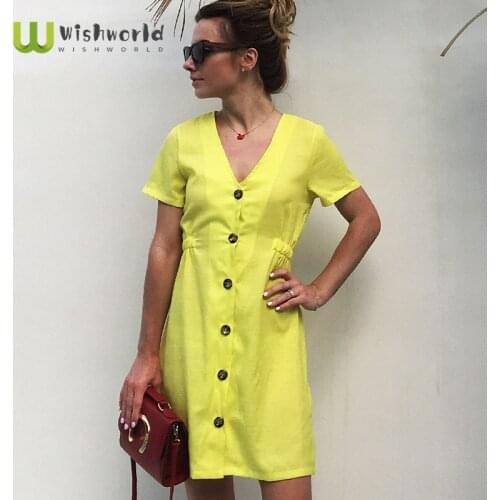 2021 New Solid V-neck Single Row Button Dress Fashion Women Casual Summer Niche Luxury and Elegance Sundress