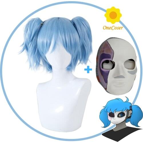 Game Sally Face Cosplay Wig Face Cover Ponytail Blue Hair Heat Resistant Hair + Wig Cap Party Role Play Props Girls Women