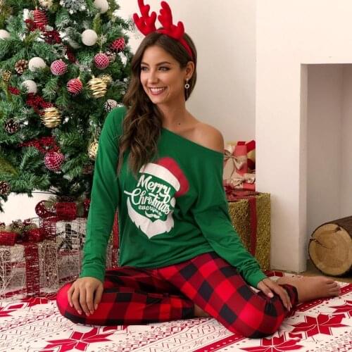 2Pcs Women Men Pajamas Suit Christmas Costume Long Sleeve Costume Letters Printed Shirt Plaid Long Pants Casual Soft Cotton Xmas