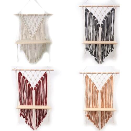 Handwoven Macrame Tapestry Rack Hanging Shelf Bohemian Tassel Wooden Shelves