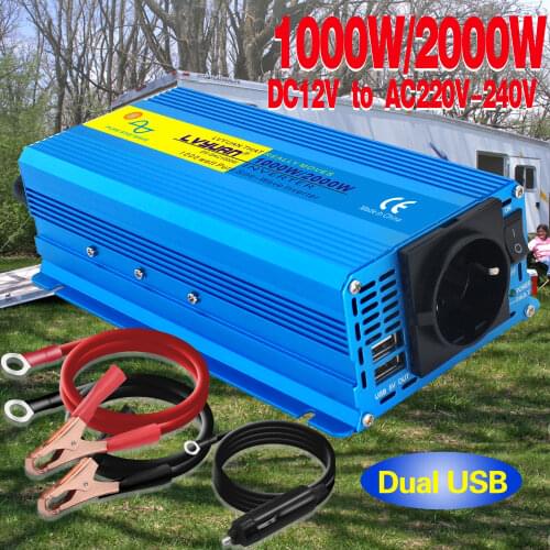 DC 12V TO 220V 1000W Rate Power 2000W Peak Car Plug Inverter Adapter Power Converter with 4.2A Dual USB Charging Pure Sine Wave