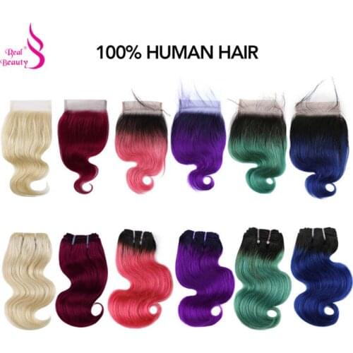 Real Beauty 50g/pc Ombre Blonde Brazilian Body Wave Remy Human Hair With Closure 613/Purple/Blue/Pink/Green/ Short Bob Style
