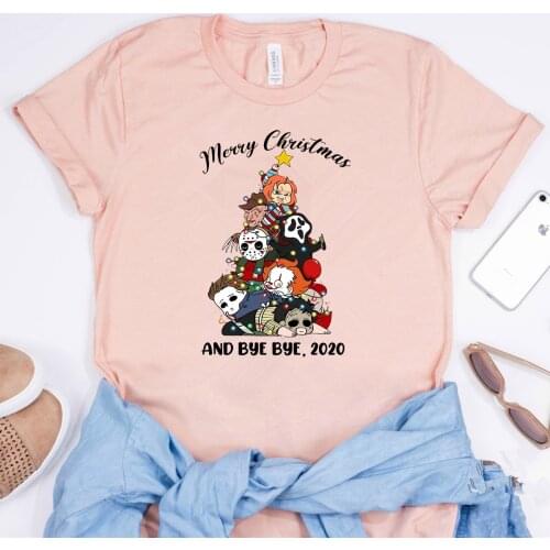 Merry Christmas Horror Movie Characters Friends T-Shirt Bye Bye 2020 Funny Christmas Graphic Tee Horror Friends Squad Shirt